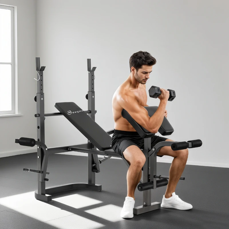 Soozier Adjustable Weight Bench with Bench Press Rack, Preacher Curl Bench, Leg Extension and Lat Pull Down