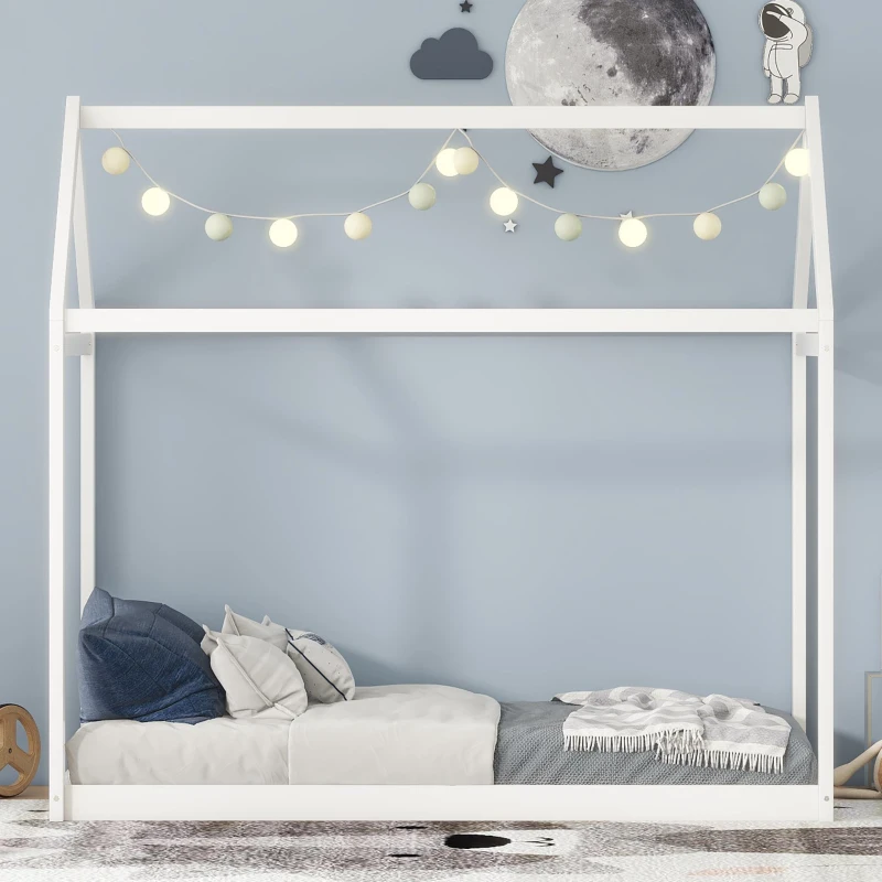 Twin Size Wooden House Bed with Pine Wood and MDF Construction, Bed Frame Perfect for Easy Assembly, 78.5" L x 42.5" W x 70.5" H, White
