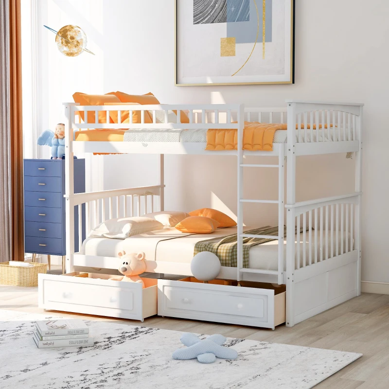 Full Over Full Bunk Bed with Drawers, Convertible Design, Pine Wood and MDF, Double-Decker Bed for Living Room, 79" L x 59" W x 64" H, White