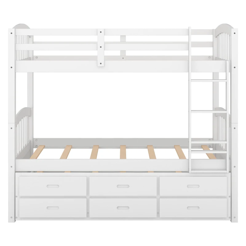 Twin Over Twin Wood Bunk Bed with Trundle and Drawers, Wood Construction, Double-Decker Bed for Children, 81" L x 42.5" W x 67" H, White