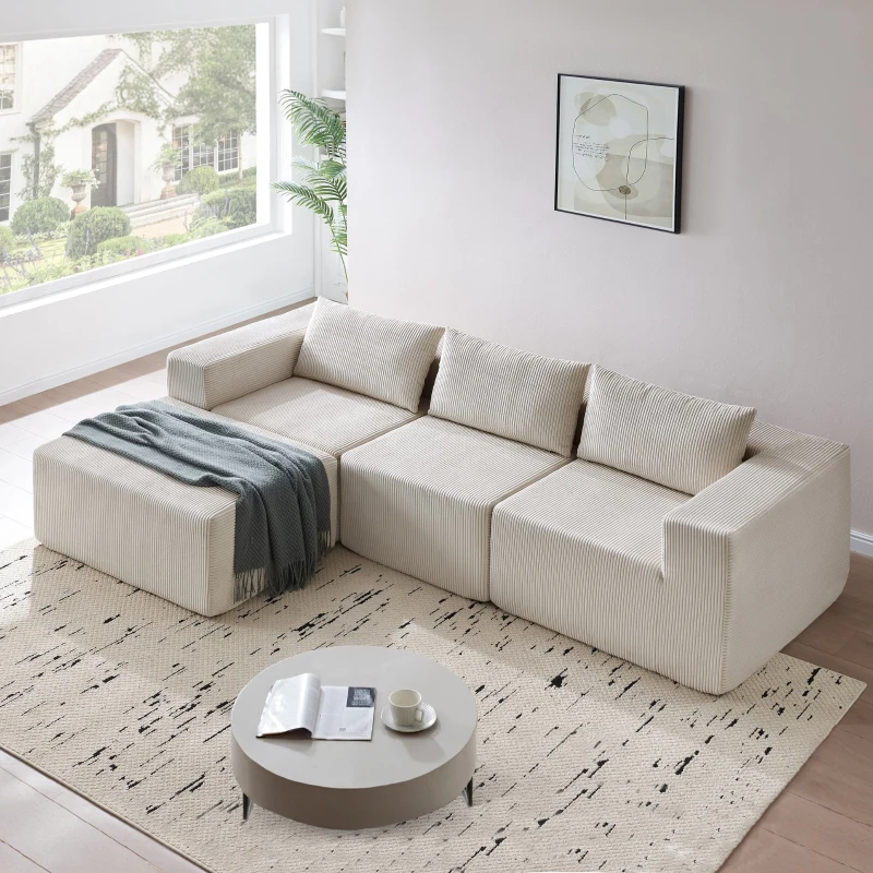 Modular Sectional Sofa with Corduroy Fabric and Free Combination Design, Daybed Perfect for Living Room, 107.5'' L x 68.5'' W x 30.5'' H, Beige