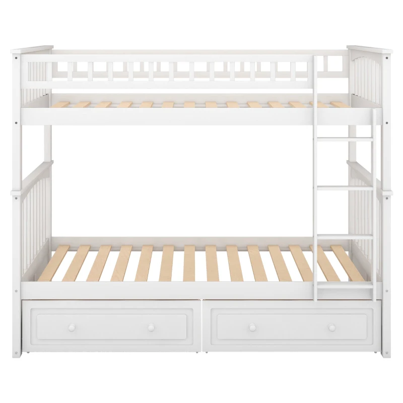 Twin Over Twin Bunk Bed with Drawers, Solid Pine Wood and MDF, Double-Decker Bed for Living Rooms, 79.5" L x 43.5" W x 64" H, White