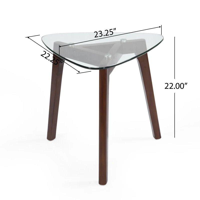 Mid-Century Modern End Table with Solid Wood Base, Tempered Glass Top, Side Table for Compact Rooms, 23" L x 22" W x 22" H, Walnut