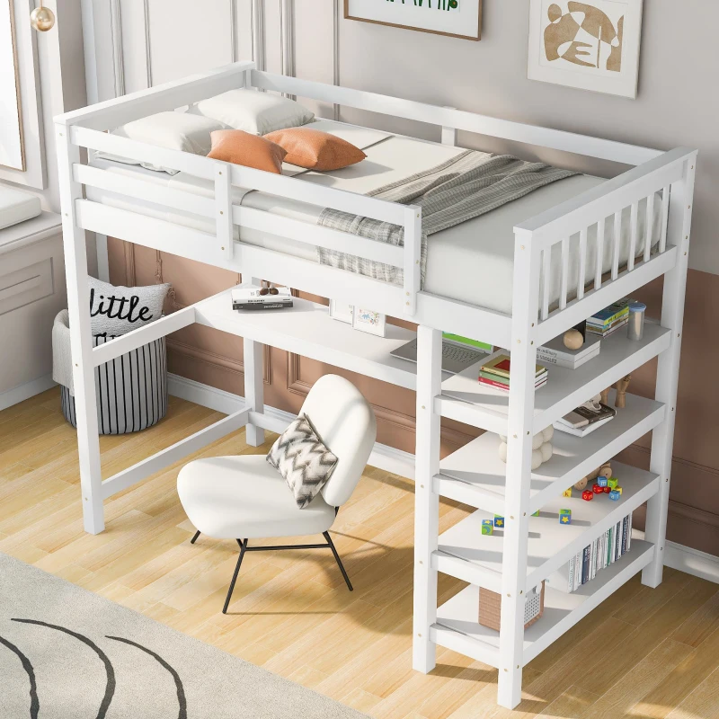 Twin Size Loft Bed with Storage Shelves, Under-bed Desk and LED Light, High-Sleeper Bed for Compact Room, 80" L x 42" W x 68.5" H, White