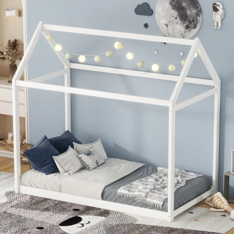 Twin Size Wooden House Bed with Pine Wood and MDF Construction, Bed Frame Perfect for Easy Assembly, 78.5" L x 42.5" W x 70.5" H, White