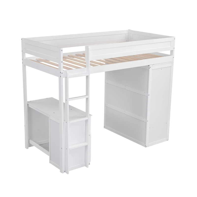 Wood Twin Loft Bed with Wardrobes, 2-Drawer Desk and Cabinet, High-Sleeper Bed for House with Children, 78.5" L x 41" W x 65" H, White