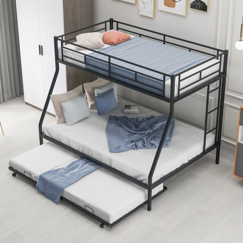 Twin Over Full Bunk Bed with Steel Frame, Twin Size Trundle, Two-Side Ladders, Double-Decker Bed for Compact Room, 78" L x 56.5" W x 63" H, Black