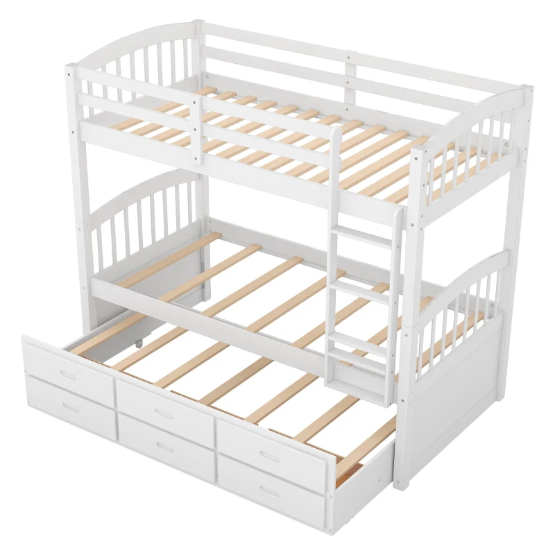 Twin Over Twin Wood Bunk Bed with Trundle and Drawers, Wood Construction, Double-Decker Bed for Children, 81" L x 42.5" W x 67" H, White