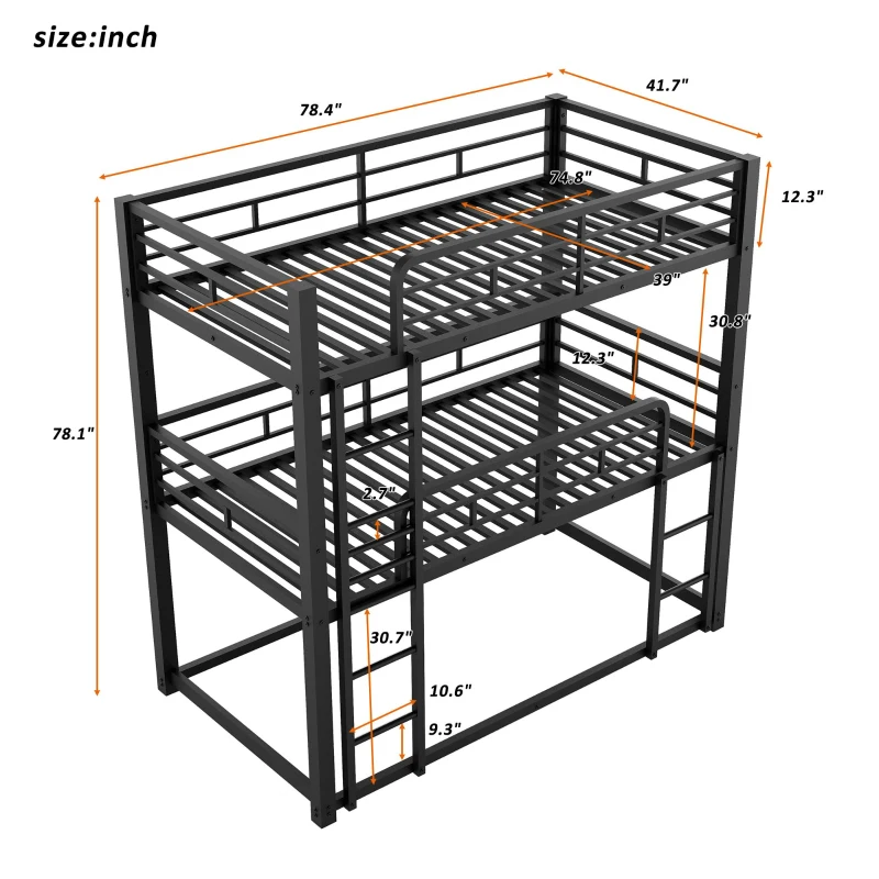 Metal Twin Size Triple Bunk Bed with Guard Rails and Easy Assembly, Double-Decker Bed for Compact Rooms, 78.5" L x 42" W x 78" H, Black