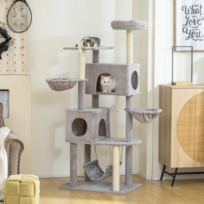 PawHut 66 Inch Large Cat Tree with 2 Door Condos, 3 Big Hammocks, Plush Top Perch, Sisal Scratching Posts, Light Grey