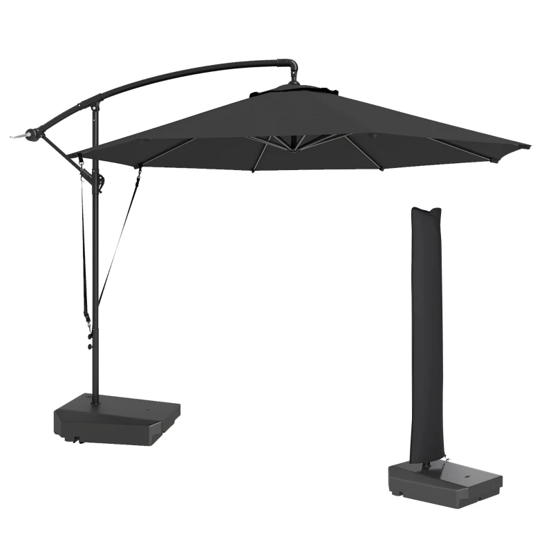 Outsunny 10FT Cantilever Umbrella with Fillable Base, Wind Strap and Cover, Offset Hanging Umbrella with Crank, UPF50+, Grey