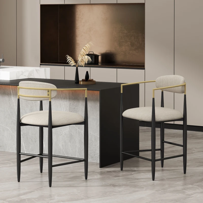 Set of 2 Modern Counter Stools with Iron Frame and Gold Accents, Chairs for Kitchen Island and Dining Room, 23" L x 22" W x 37.5" H, Beige