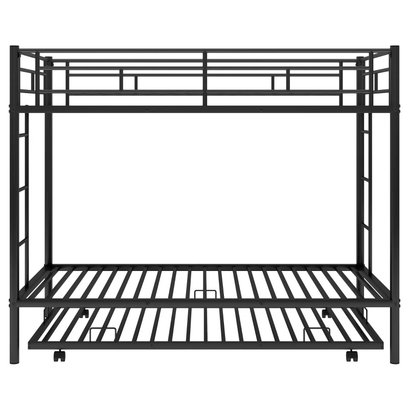 Twin Over Twin Bunk Bed with Trundle, Sturdy Metal Frame, Safety Guardrails, Bed Frame for Compact Rooms, 78" L x 41.5" W x 62.5" H, Black