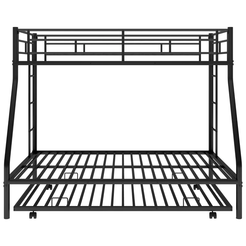 Twin Over Full Bunk Bed with Steel Frame, Twin Size Trundle, Two-Side Ladders, Double-Decker Bed for Compact Room, 78" L x 56.5" W x 63" H, Black