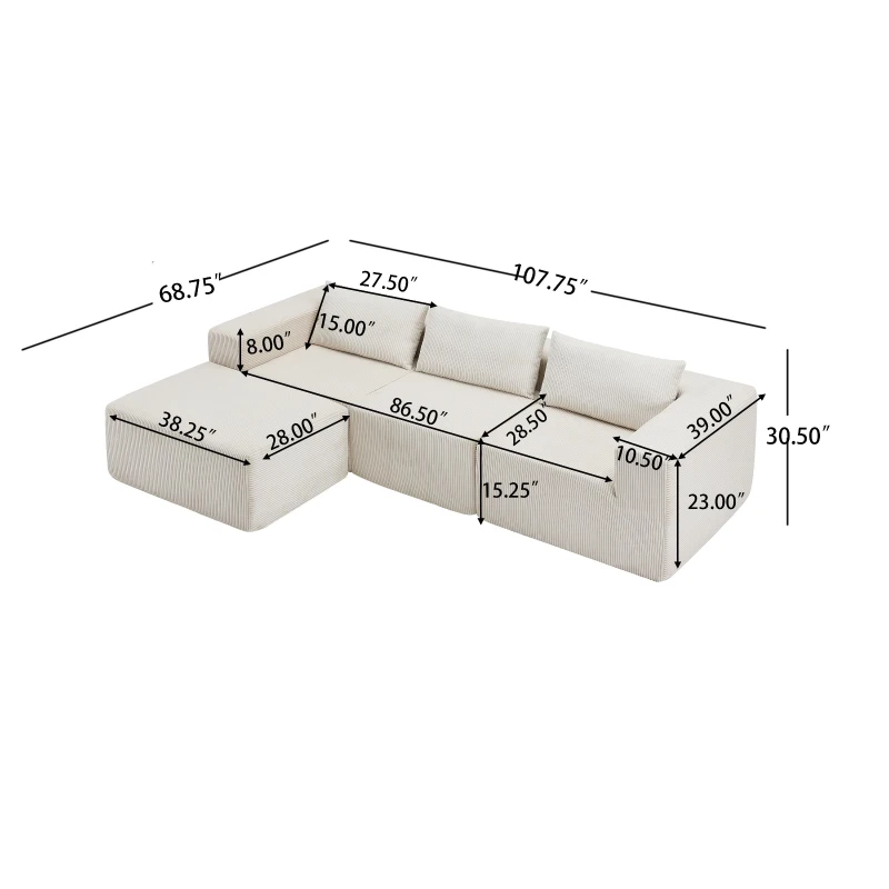 Modular Sectional Sofa with Corduroy Fabric and Free Combination Design, Daybed Perfect for Living Room, 107.5'' L x 68.5'' W x 30.5'' H, Beige