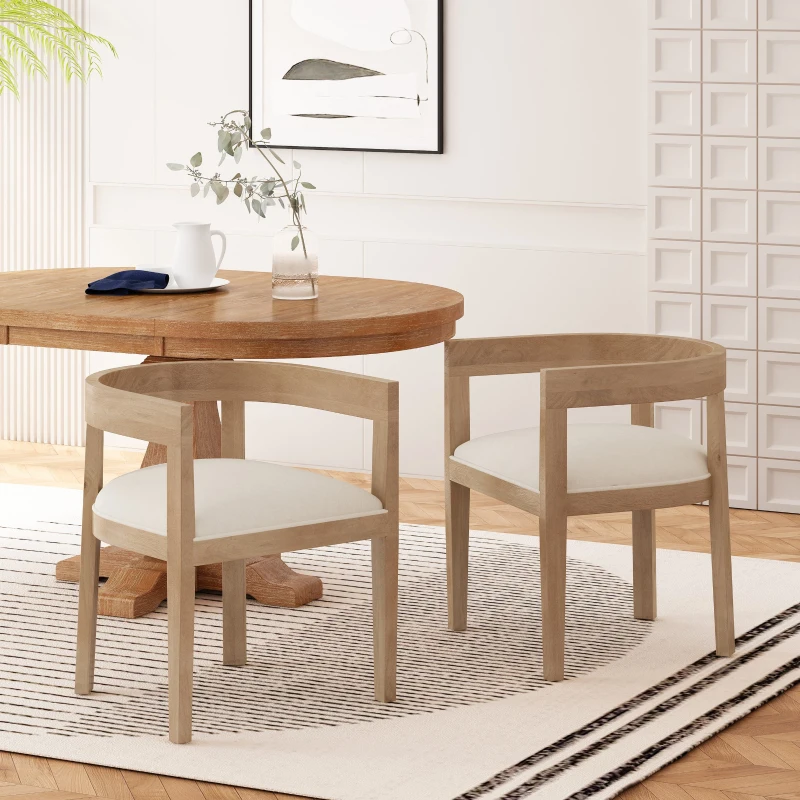 Set of 2 Contemporary Dining Arm Chairs with Rubberwood Frame, Chair Set Perfect for Dining Room, 22.5'' L x 22.5'' W x 27.5'' H, Beige