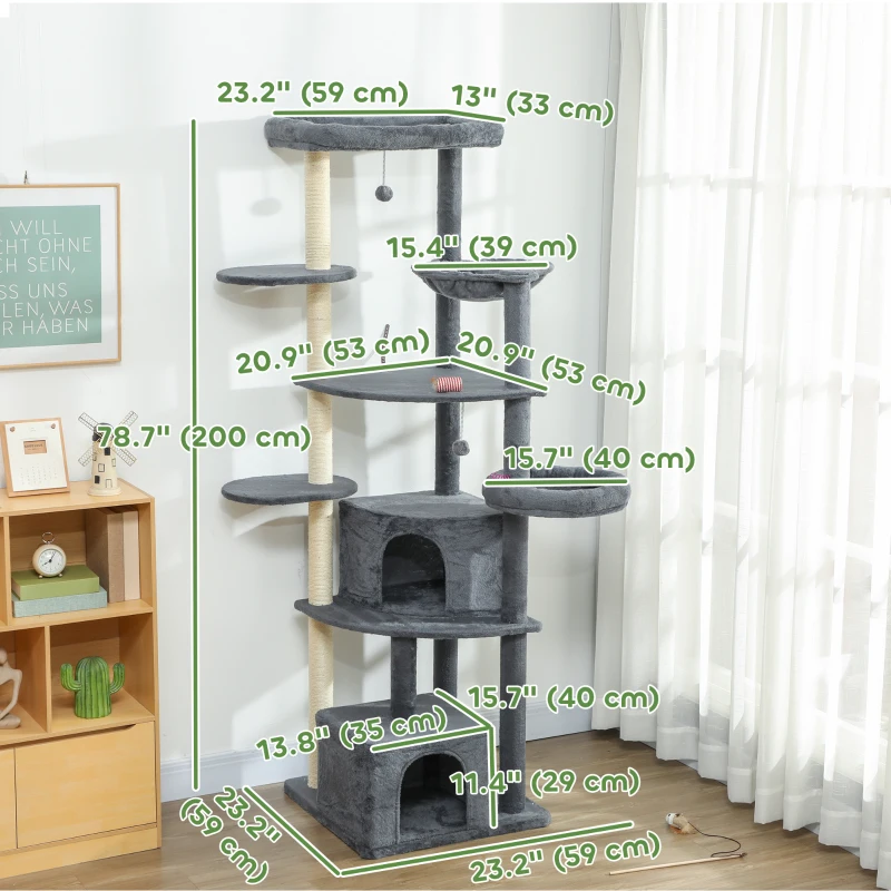 PawHut 79" Extra Tall Cat Tree with Scratching Posts, Perches, Caves, Hammock, Pompoms, for 2-3 Indoor Cats, Dark Grey