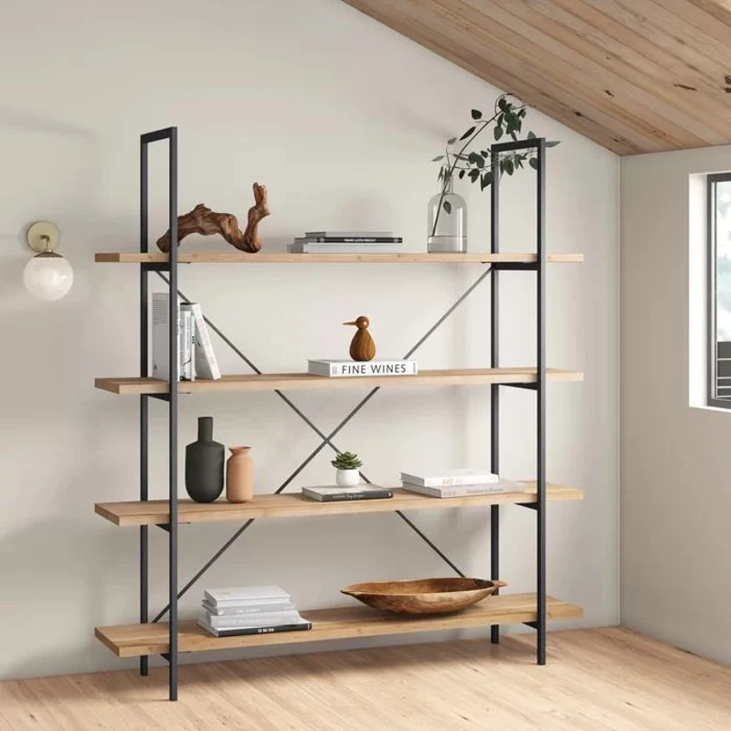 Industrial Etagere Bookcase Frame with Iron and Firwood Shelves, Bookshelf Perfect for Displaying Ornaments, 72'' L x 17'' W x 77'' H, Natural