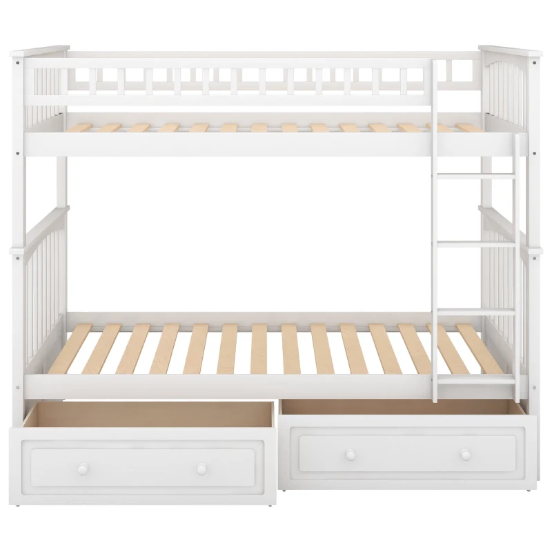 Twin Over Twin Bunk Bed with Drawers, Solid Pine Wood and MDF, Double-Decker Bed for Living Rooms, 79.5" L x 43.5" W x 64" H, White