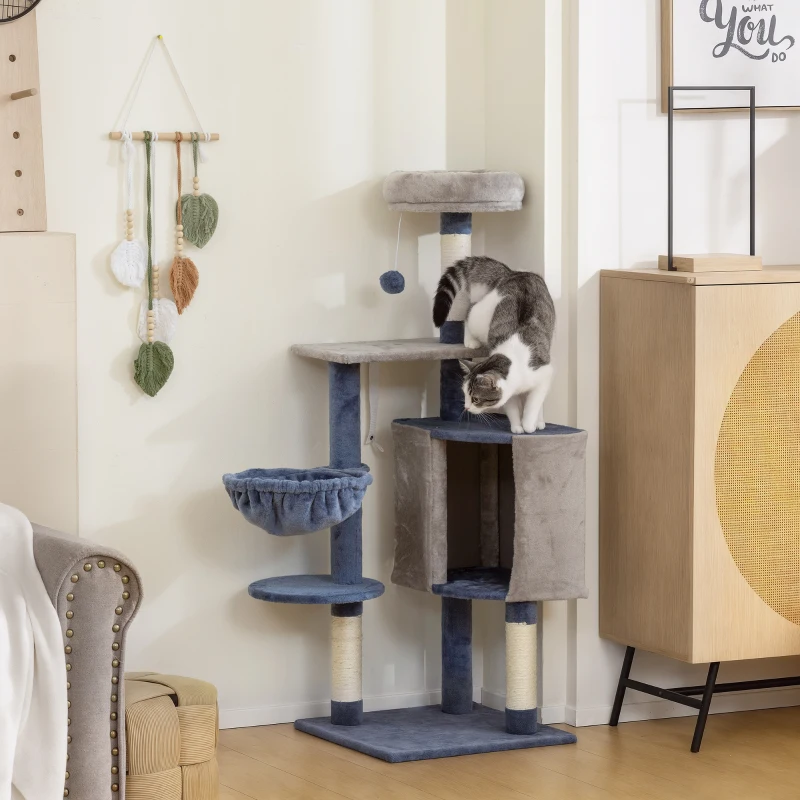 PawHut 48" Modern Cat Tree with Condo, Hammock, Perch, Sisal Scratching Posts, Toy Ball, for Indoor Cats, Blue and Grey