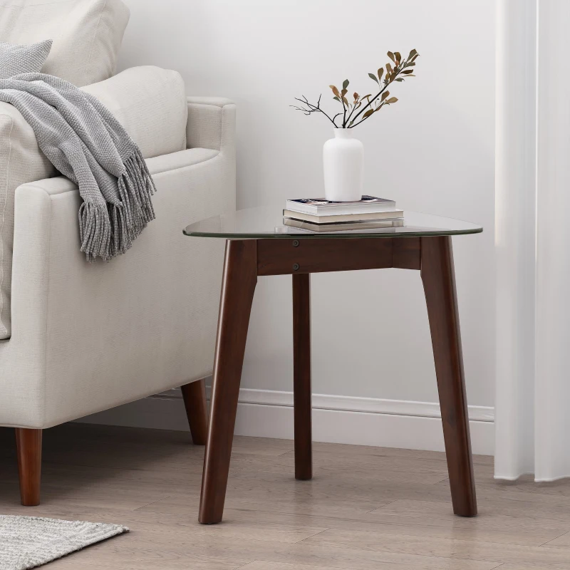 Mid-Century Modern End Table with Solid Wood Base, Tempered Glass Top, Side Table for Compact Rooms, 23" L x 22" W x 22" H, Walnut