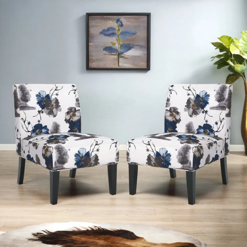 Contemporary Accent Chair with Upholstered Seating and Rubberwood Tapered Legs, Seat for Living Room, 22.5" L x 29.5" W x 32" H, Blue+Multi