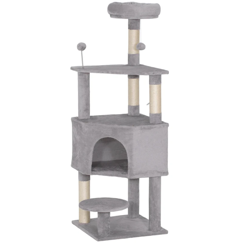 PawHut 54 Inch Cat Tree with Large Condo, Top Perch, Sisal Scratching Posts, Dangling Toy Ball,Light Grey