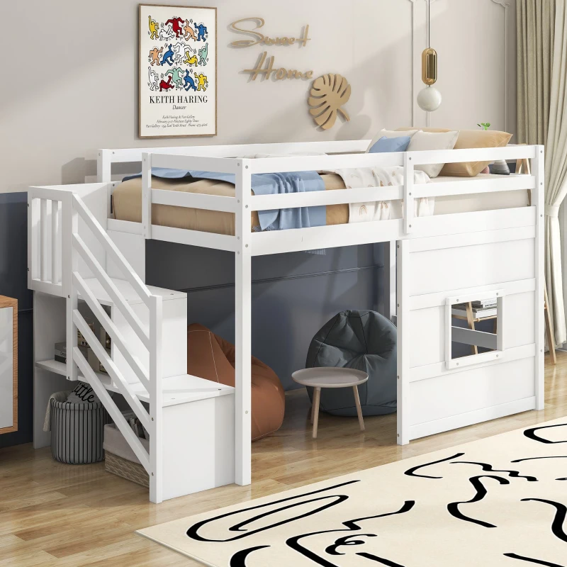 Twin Size Loft Bed with Storage Staircase and Window, LED Light, High-Sleeper Bed for House with Children, 95" L x 42" W x 50.5" H, White