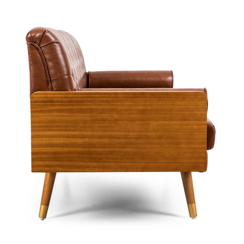 Adelaide Mid-Century Tufted Sofa with Rolled Accent Pillows, Daybed with Gold Tipped Rubberwood Legs, 72'' L x 30.5'' W x 32'' H, Light Brown