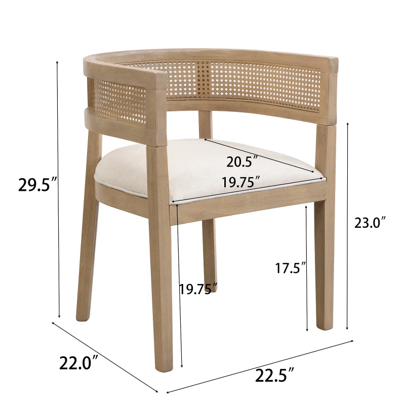 Set of 2 Dining Chairs with Rattan Round Backrest, Upholstered Seats, Dining Seats for Kitchen, 22.5" L x 22" W x 29.5" H, Beige+Natural Ash
