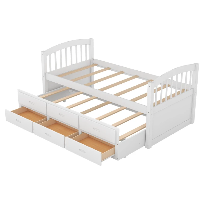 Twin Over Twin Wood Bunk Bed with Trundle and Drawers, Wood Construction, Double-Decker Bed for Children, 81" L x 42.5" W x 67" H, White