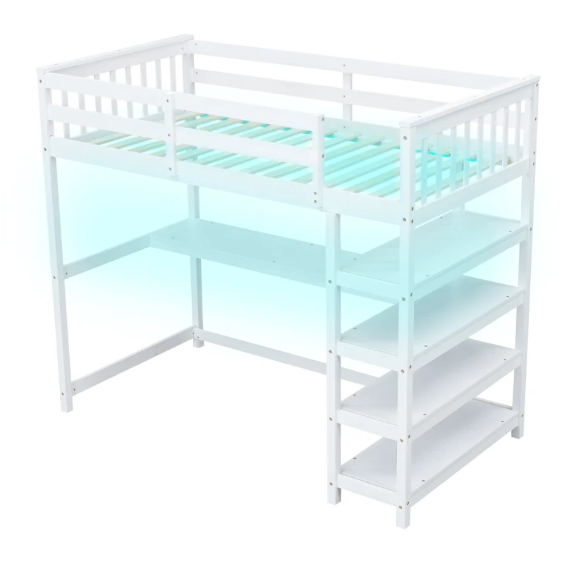 Twin Size Loft Bed with Storage Shelves, Under-bed Desk and LED Light, High-Sleeper Bed for Compact Room, 80" L x 42" W x 68.5" H, White