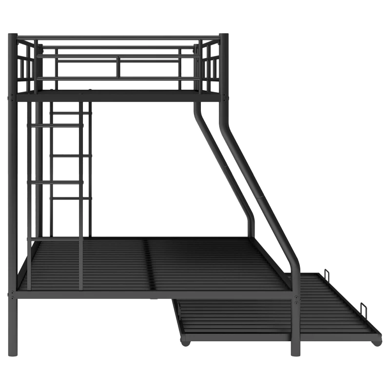 Twin Over Full Bunk Bed with Steel Frame, Twin Size Trundle, Two-Side Ladders, Double-Decker Bed for Compact Room, 78" L x 56.5" W x 63" H, Black