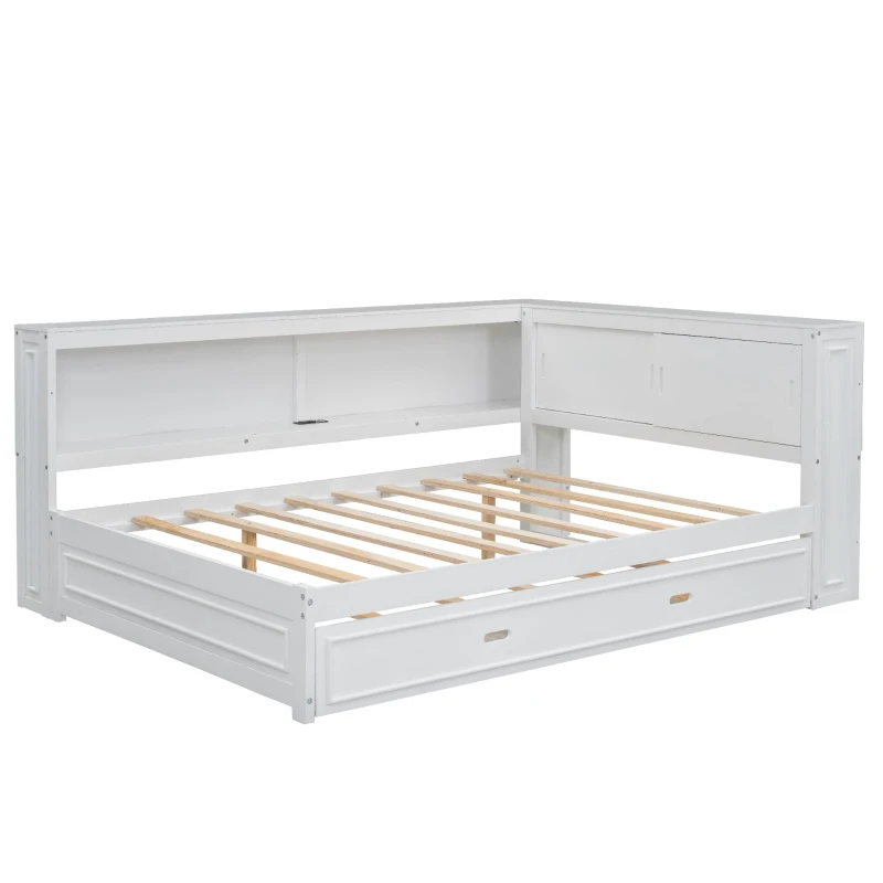 Full Size Wood Daybed with Storage Shelves, LED Lights, USB Ports, Trundle Bed for Ultimate Style and Functionality, 86" L x 66" W x 38" H, White