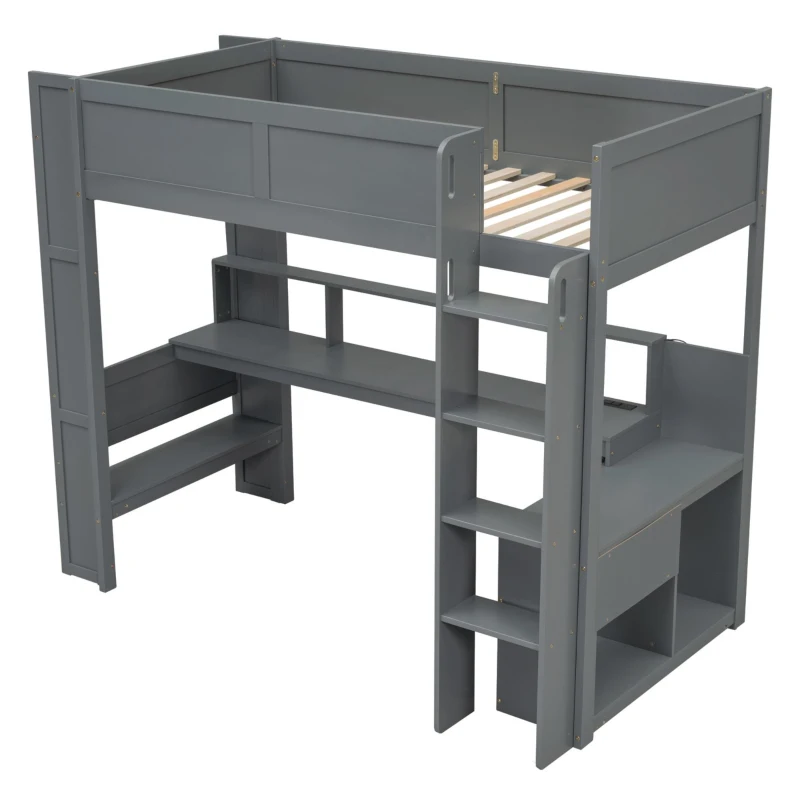 Twin Size Gaming Loft Bed with Desk, Multi-Storage Shelves, Practical Bunk Bed for Compact Room, 87" L x 49.5" W x 72" H, Dark Gray