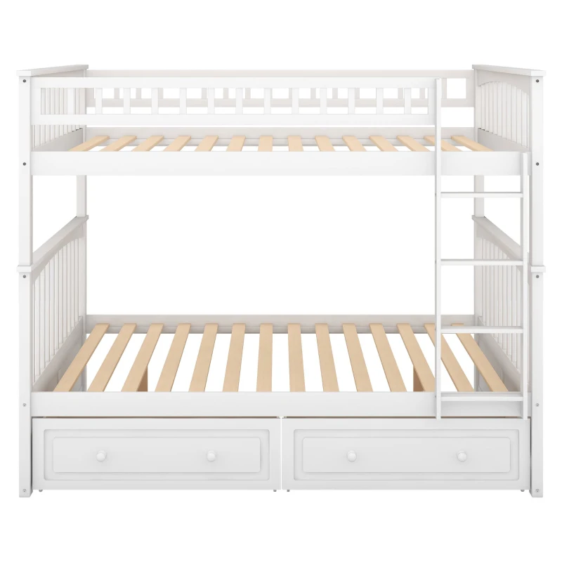 Full Over Full Bunk Bed with Drawers, Convertible Design, Pine Wood and MDF, Double-Decker Bed for Living Room, 79" L x 59" W x 64" H, White