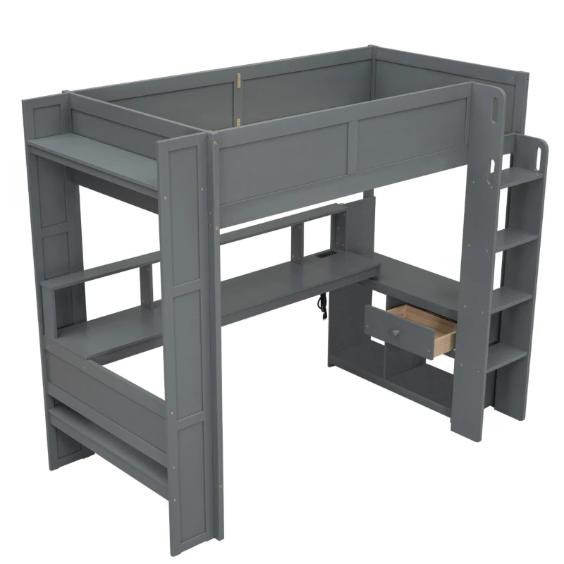 Twin Size Gaming Loft Bed with Desk, Multi-Storage Shelves, Practical Bunk Bed for Compact Room, 87" L x 49.5" W x 72" H, Dark Gray