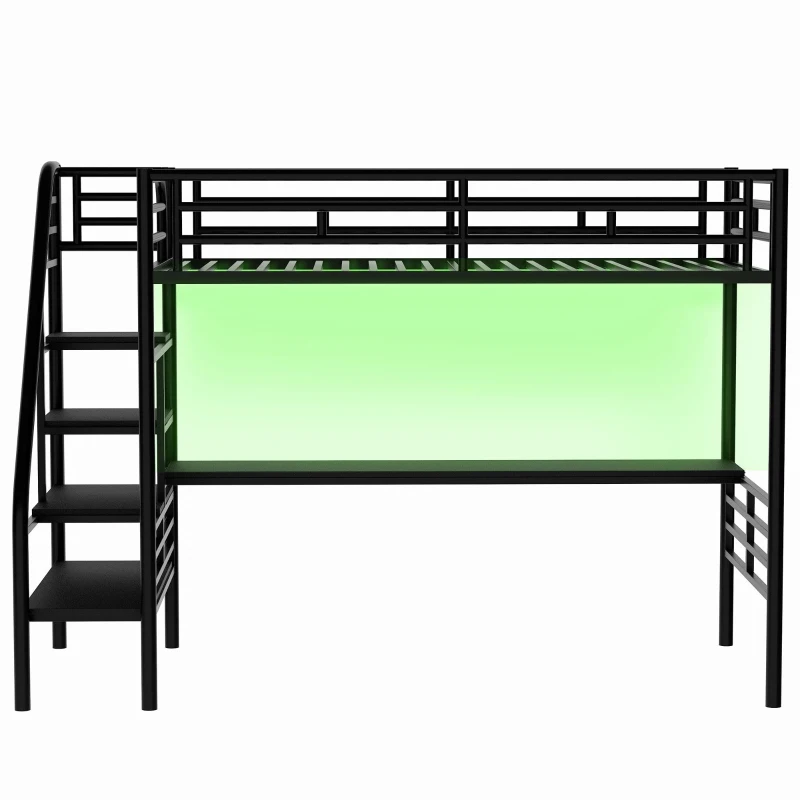 Metal Loft Bed Frame with Desk and LED Light, Sturdy Metal Frame, High-Sleeper Bed for Guest Rooms, 94.5" L x 41.5" W x 72" H, Black