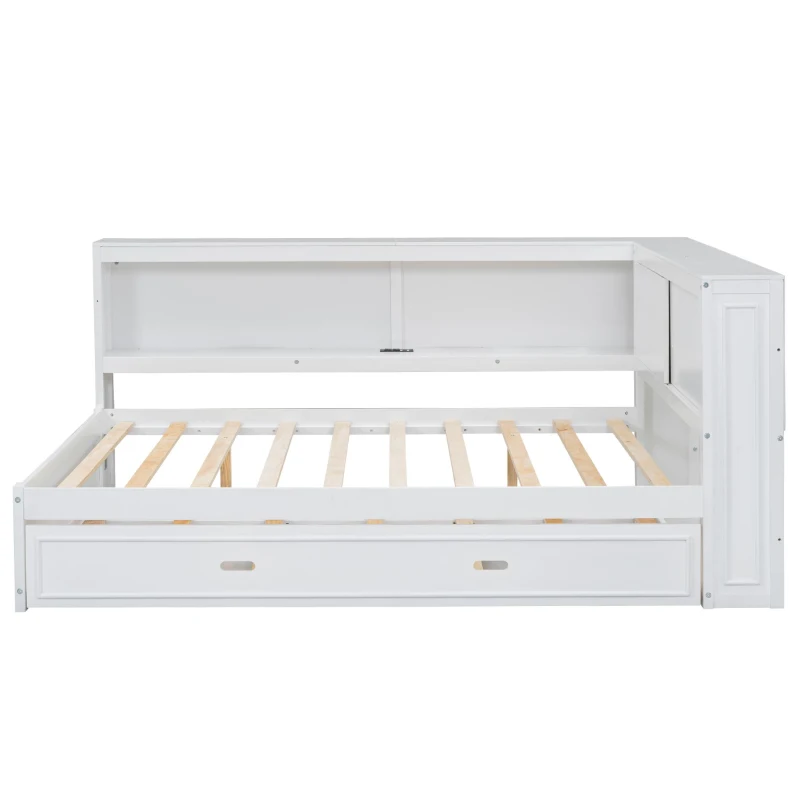Full Size Wood Daybed with Storage Shelves, LED Lights, USB Ports, Trundle Bed for Ultimate Style and Functionality, 86" L x 66" W x 38" H, White