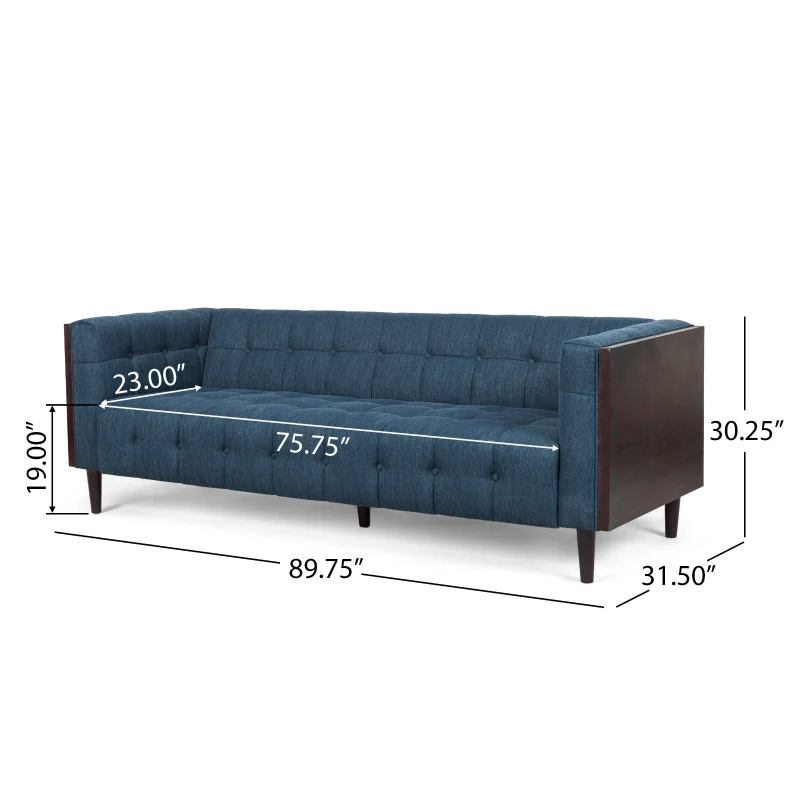 3-Seater Contemporary Sofa with Button Tufted Waffle Stitching, Daybed Perfect for Living Room, 89.5'' L x 31.5'' W x 30'' H, Navy Blue