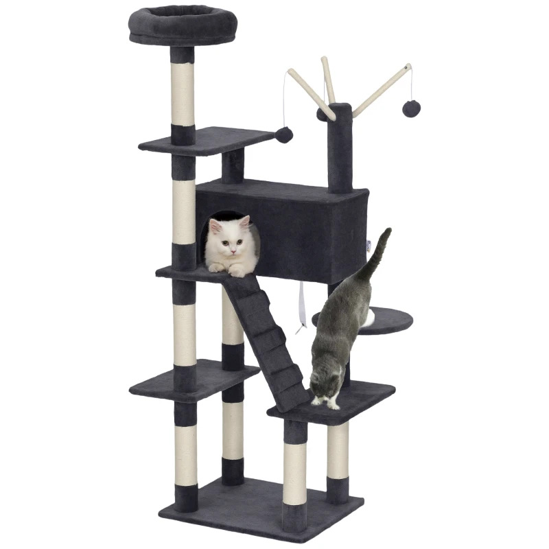 PawHut 59 Inch Large Cat Tree with Sisal Scratching Posts, Cozy Condo, Top Perch, Ladder and Interactive Balls, Dark Grey