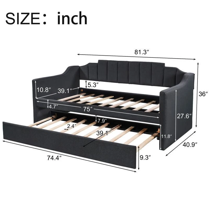 Upholstered Twin Daybed with Trundle, Solid Wood Frame, No Box Spring Needed, Trundle Bed for Compact Room, 81.5" L x 41" W x 36" H, Black