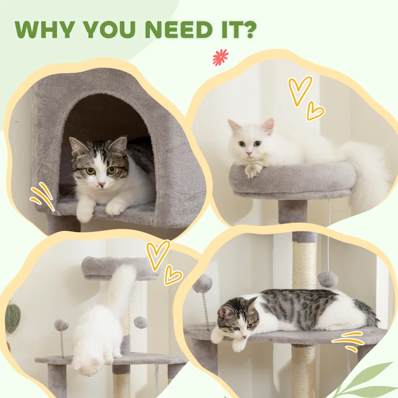 PawHut 54 Inch Cat Tree with Large Condo, Top Perch, Sisal Scratching Posts, Dangling Toy Ball,Light Grey