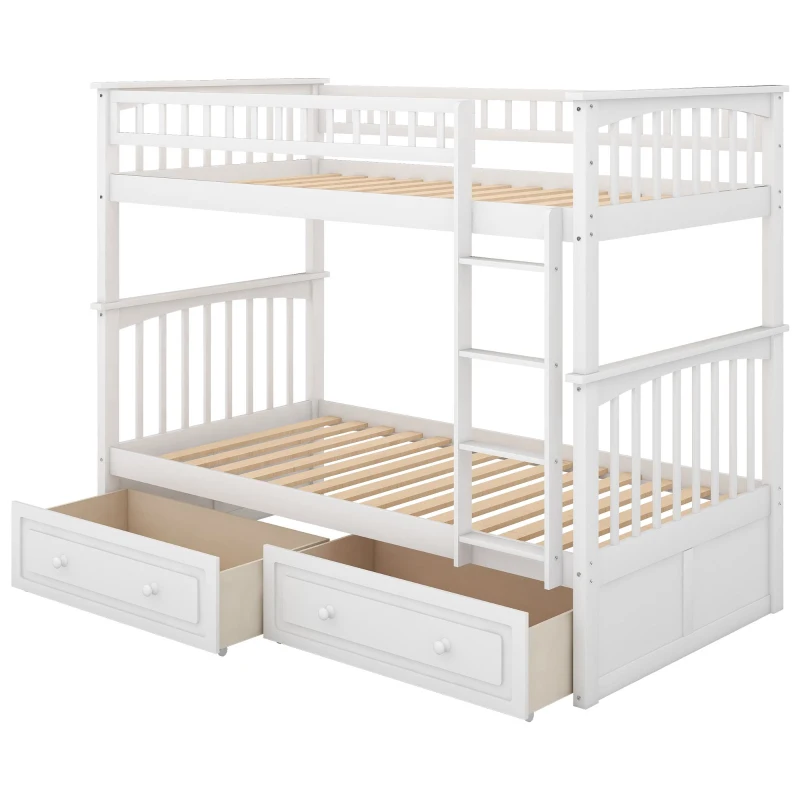 Twin Over Twin Bunk Bed with Drawers, Solid Pine Wood and MDF, Double-Decker Bed for Living Rooms, 79.5" L x 43.5" W x 64" H, White