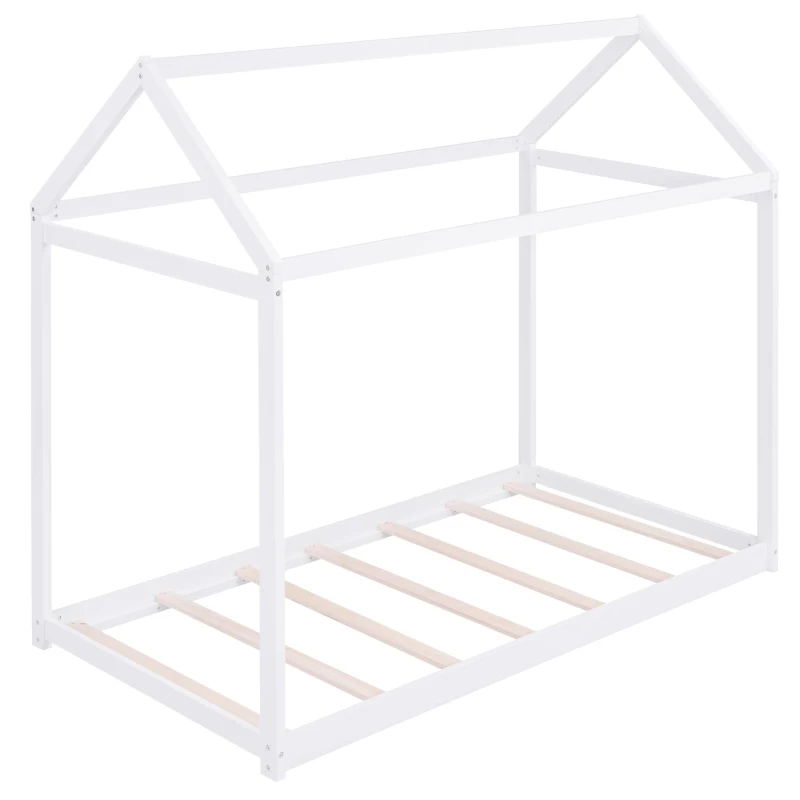 Twin Size Wooden House Bed with Pine Wood and MDF Construction, Bed Frame Perfect for Easy Assembly, 78.5" L x 42.5" W x 70.5" H, White