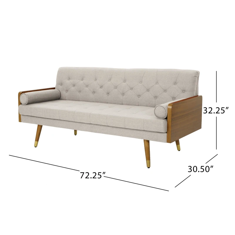 Mid-Century Modern Tufted Fabric Sofa with Rolled Accent Pillows, Daybed with Gold Tipped Rubberwood Legs, 72'' L x 30.5'' W x 32'' H, Beige