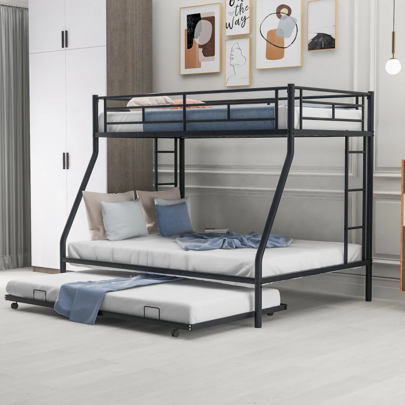 Twin Over Full Bunk Bed with Steel Frame, Twin Size Trundle, Two-Side Ladders, Double-Decker Bed for Compact Room, 78" L x 56.5" W x 63" H, Black