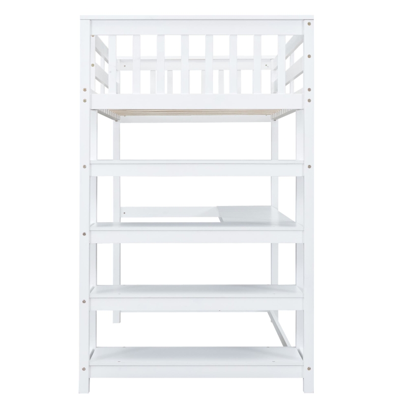 Twin Size Loft Bed with Storage Shelves, Under-bed Desk and LED Light, High-Sleeper Bed for Compact Room, 80" L x 42" W x 68.5" H, White