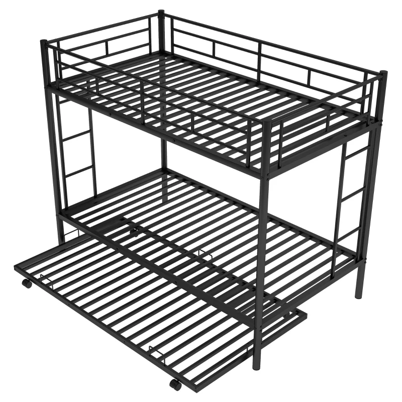 Twin Over Twin Bunk Bed with Trundle, Sturdy Metal Frame, Safety Guardrails, Bed Frame for Compact Rooms, 78" L x 41.5" W x 62.5" H, Black