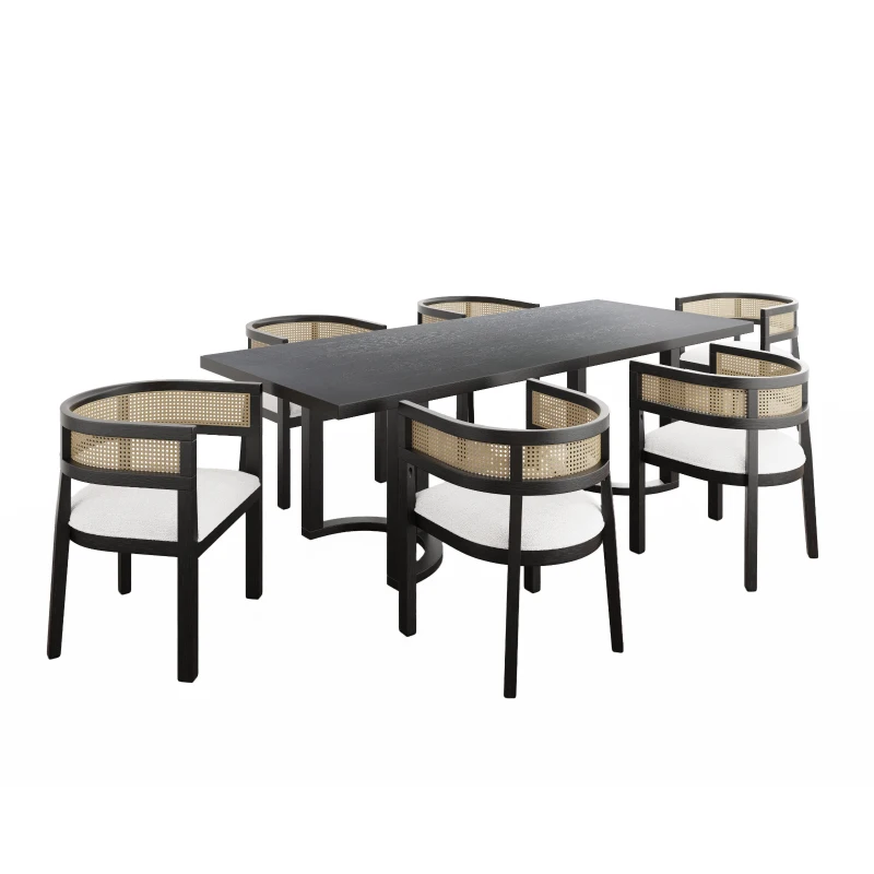 Modern 6-Piece Dining Set with Industrial Table and Rattan Back Chairs, Family Table Seats Up to 8 People, 95" L x 39" W x 30" H, Beige+Black